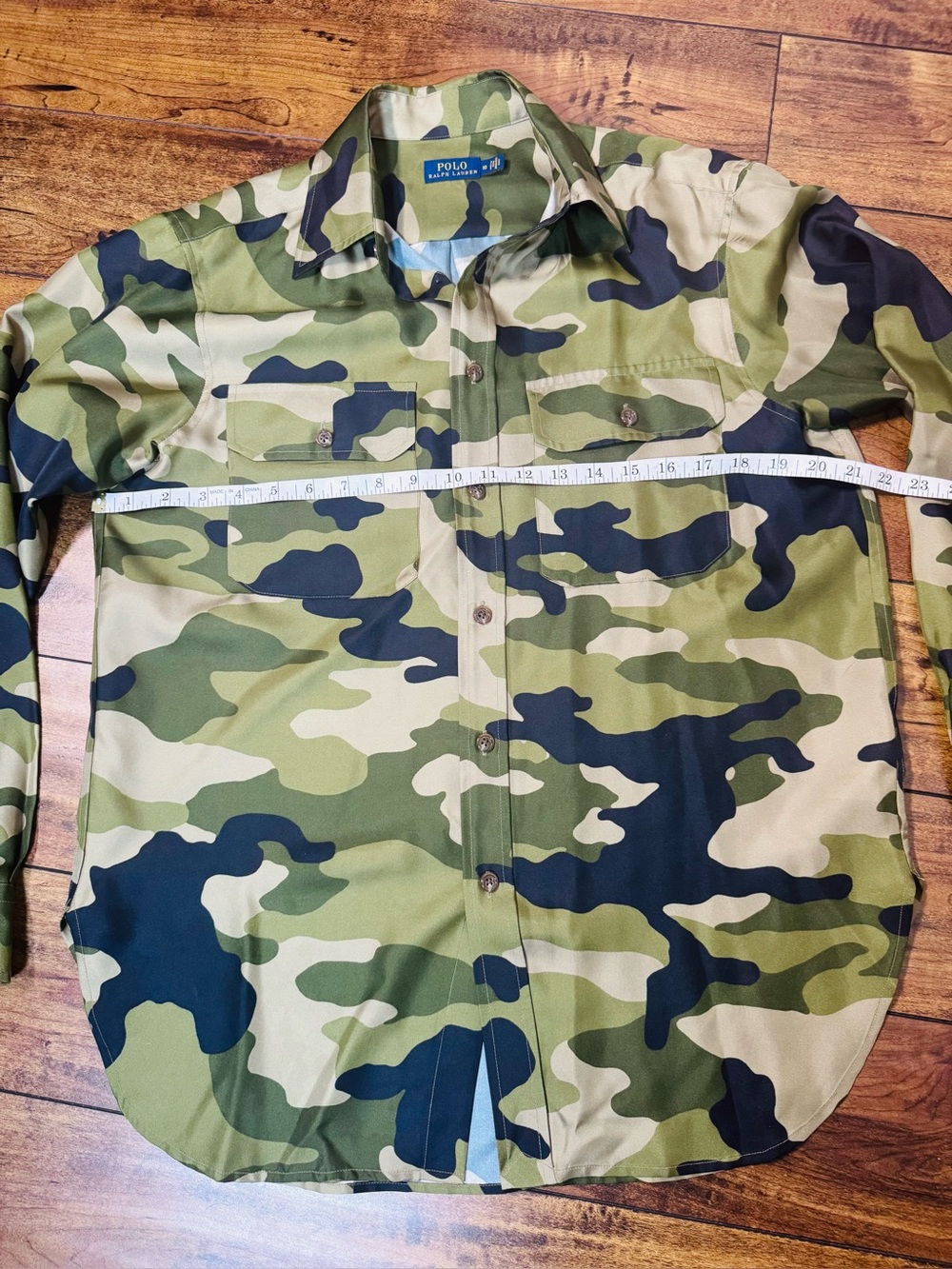 NWOT Polo Ralph Lauren 100% Silk Green Camo Button-Up Shirt Size 10 - Picture 8 of 8